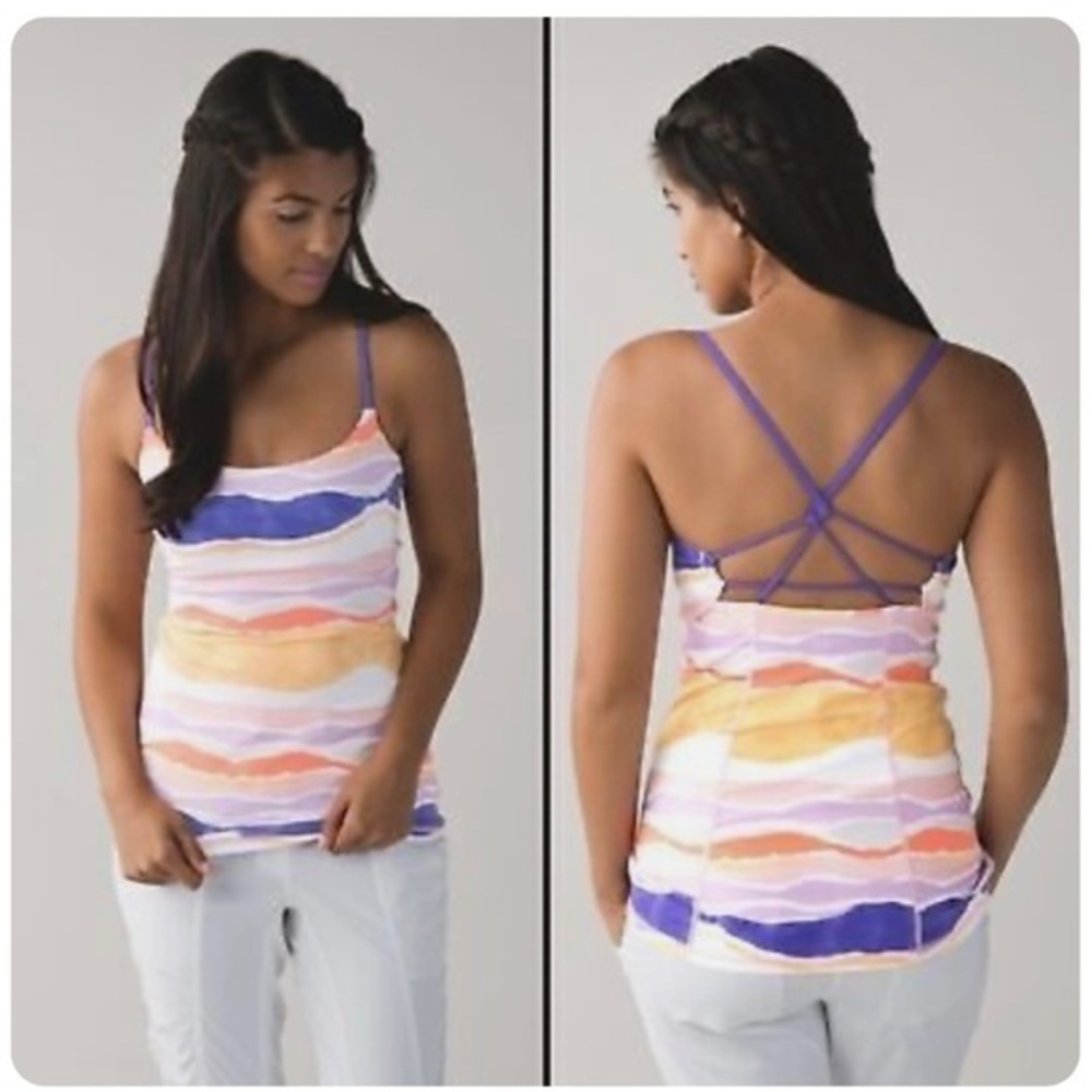 Lululemon Dancing Warrior Bleacher Stripe White Iris Flower Athletic Top 4 Mc